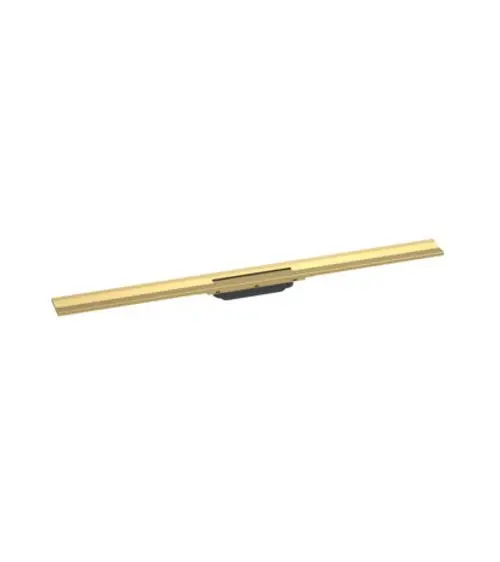 Duschrinne in Goldoptik mit seitlichem Montageelement. Typisches Design von Hansgrohe, geeignet für die Wandmontage und anpassbar in der Länge.
